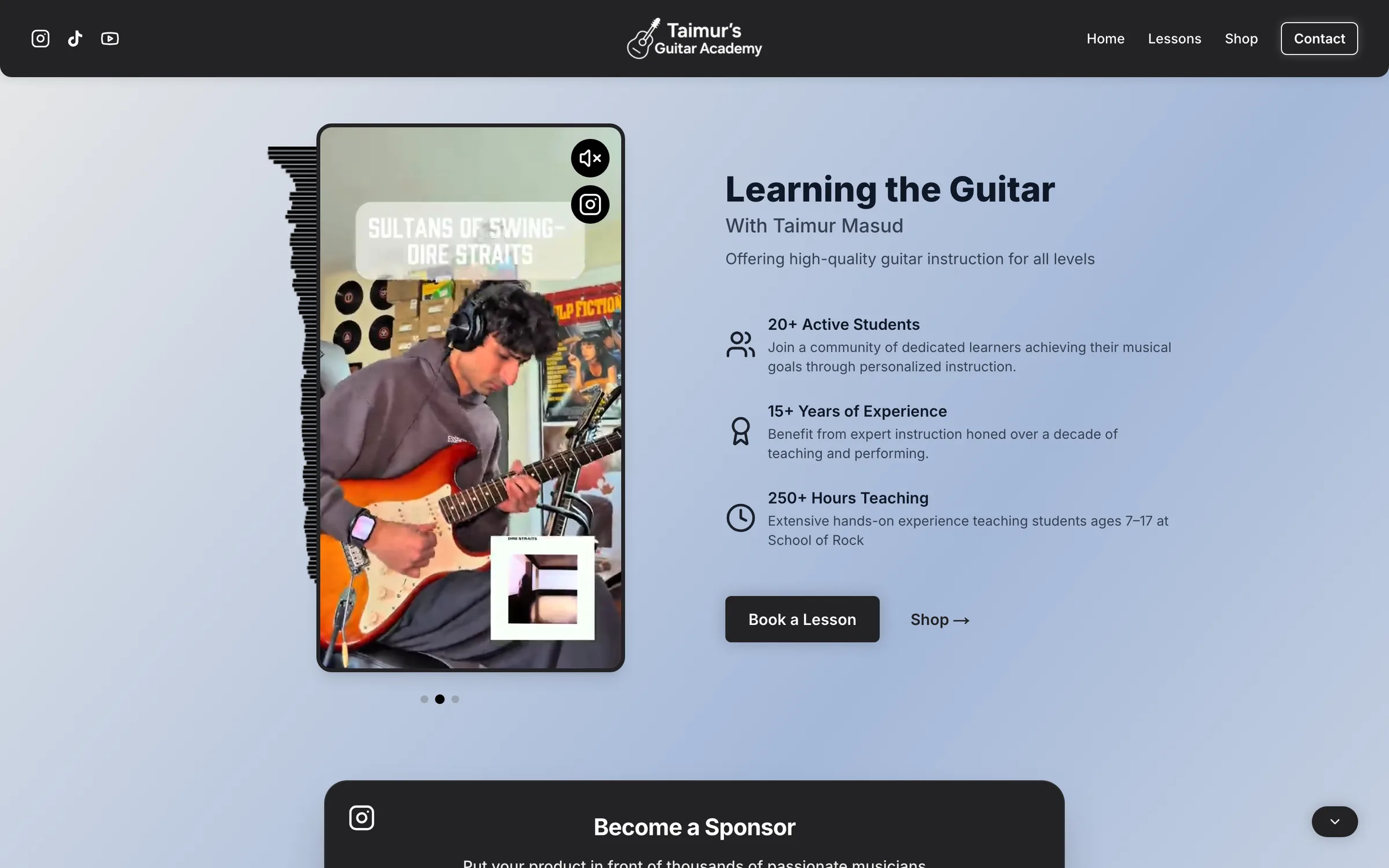 Taimur's Guitar Academy website on desktop