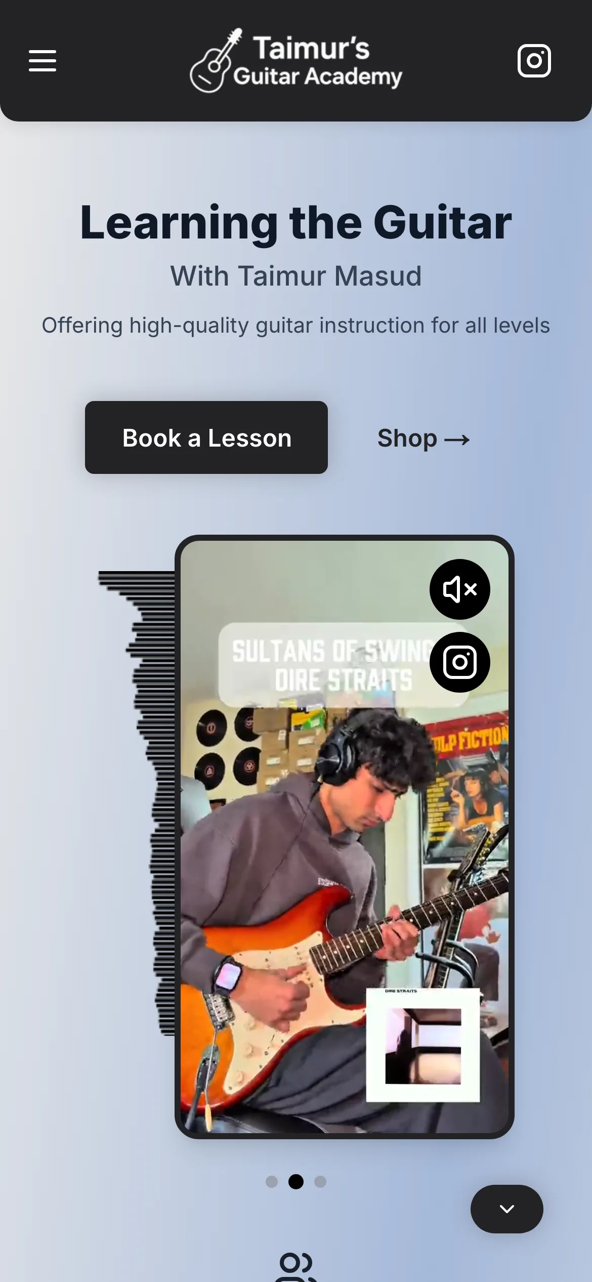 Taimur's Guitar Academy website on mobile